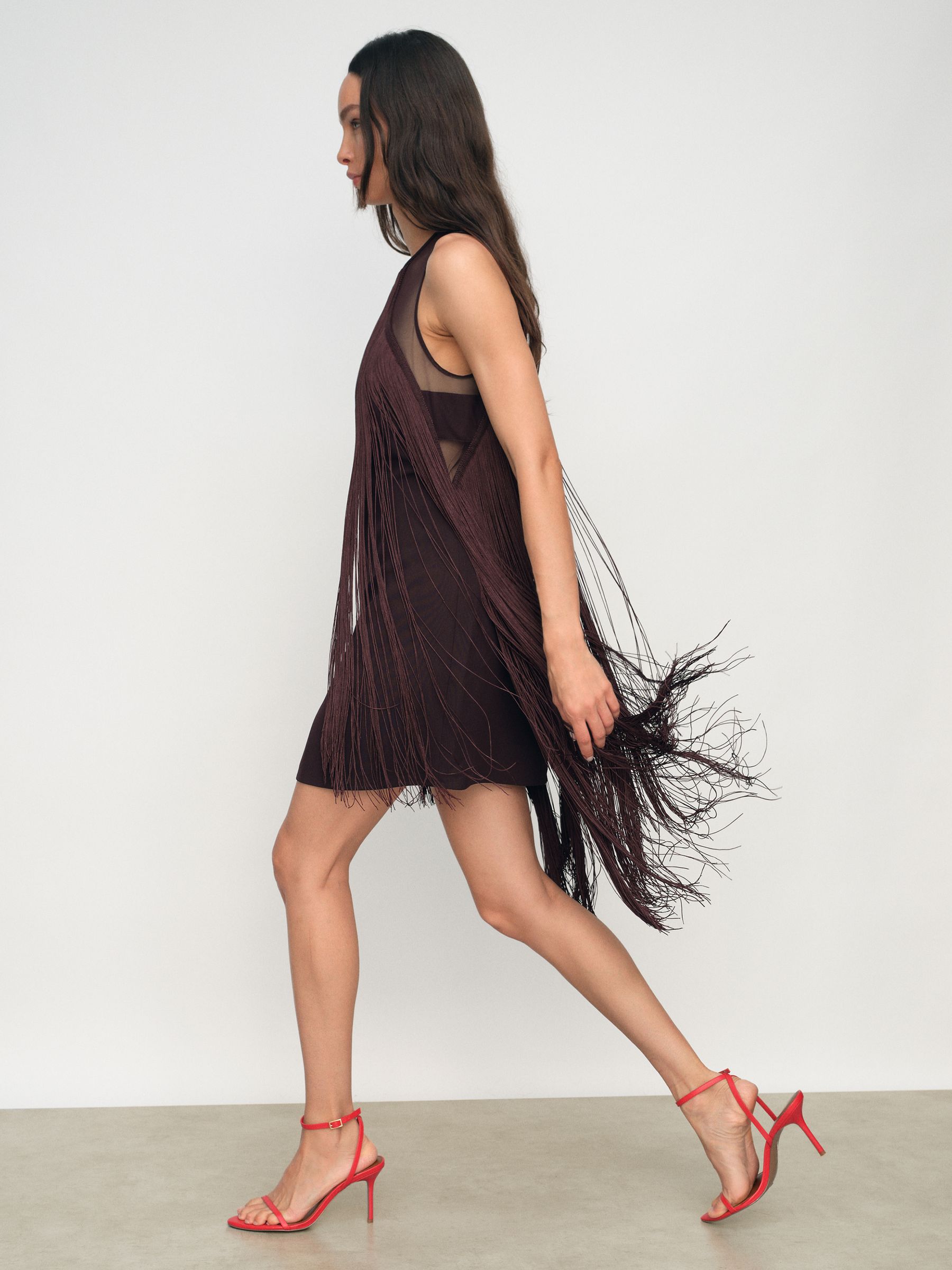 Fringe-Detail Sheer-Panel Mini Dress in Burgundy - Size 4