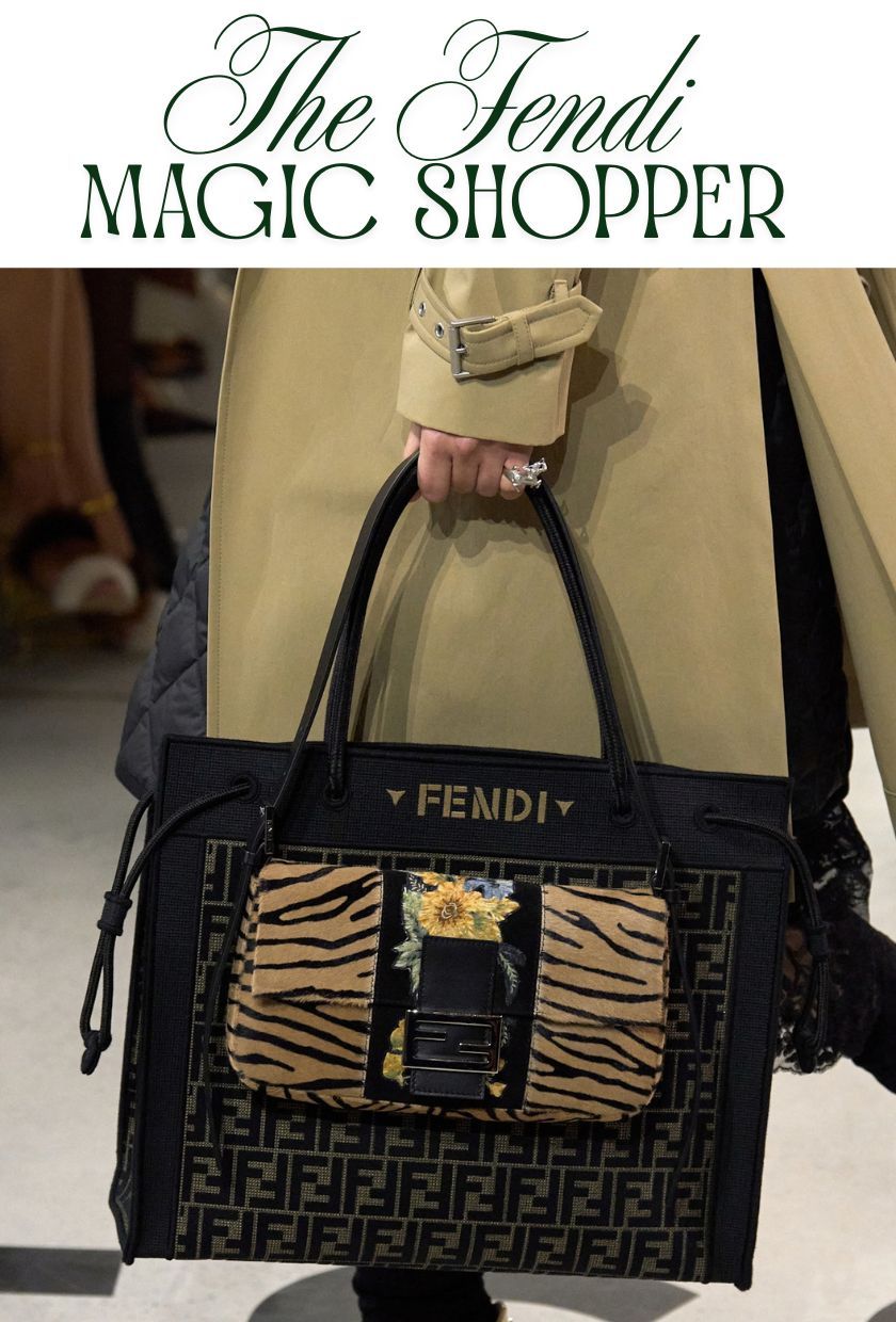 autumn winter it bags 2026 model wearing a camel coat carries a black fendi magic shopper and an animal print baguette