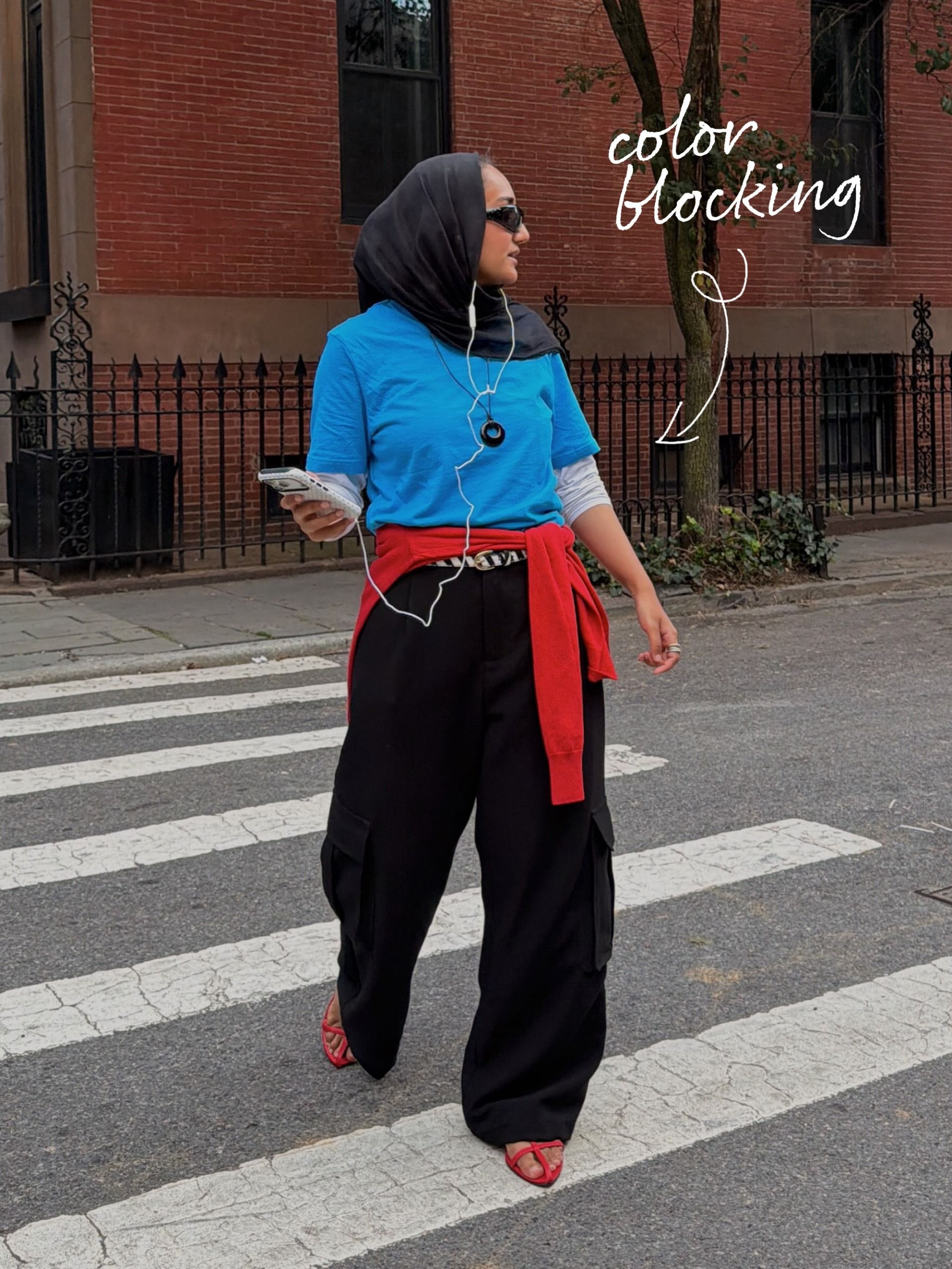 Gen Z fashion person wearing color-blocked outfit.