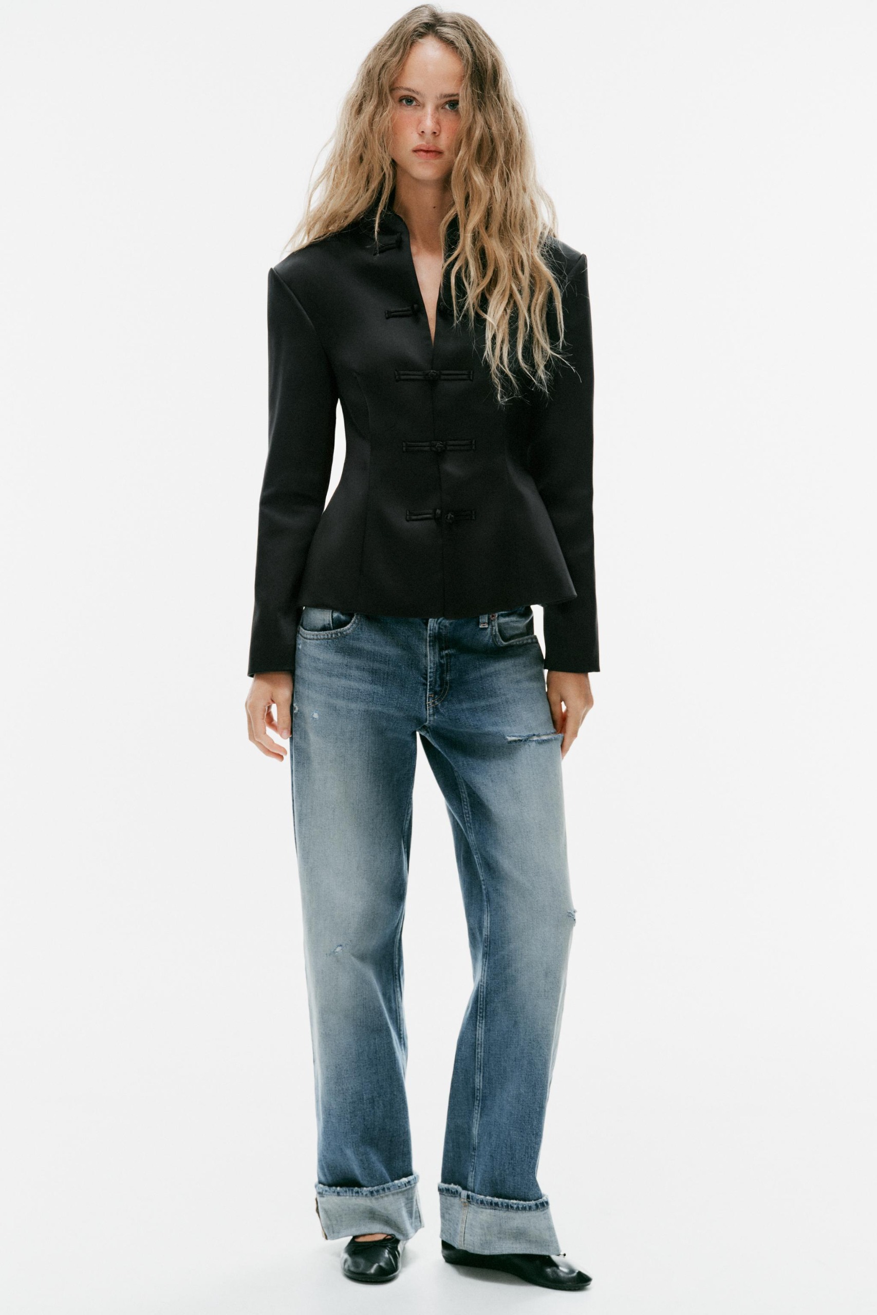 Satin Jacket With Frog Fastening - Black - Xs