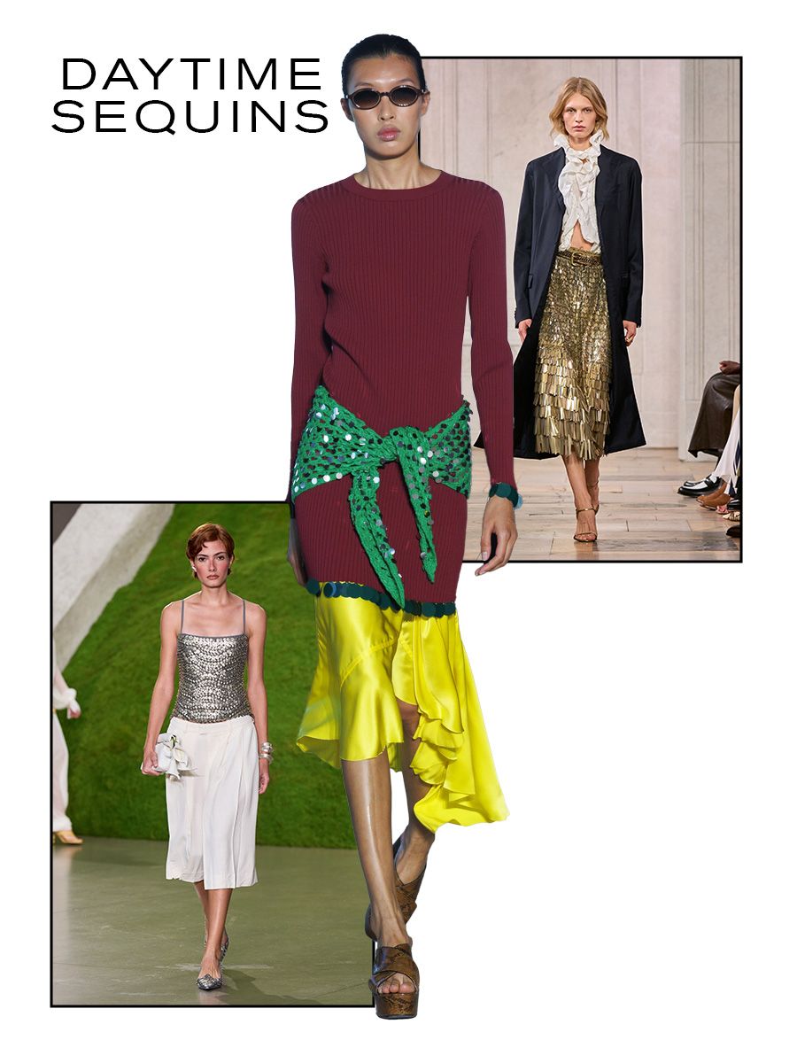 Collage of NYFW S/S 27 runway looks, daytime sequins
