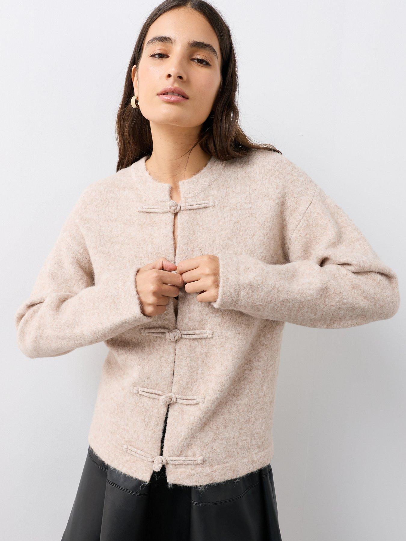 Frog Fastening Crew Neck Cardigan - Beige - Beige - S