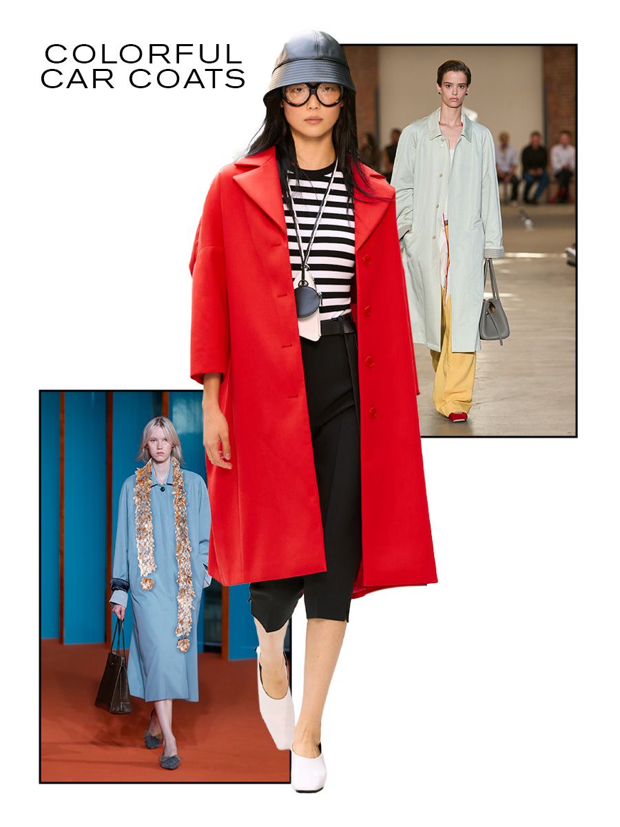 Collage of NYFW S/S 27 runway look, colorful car coats