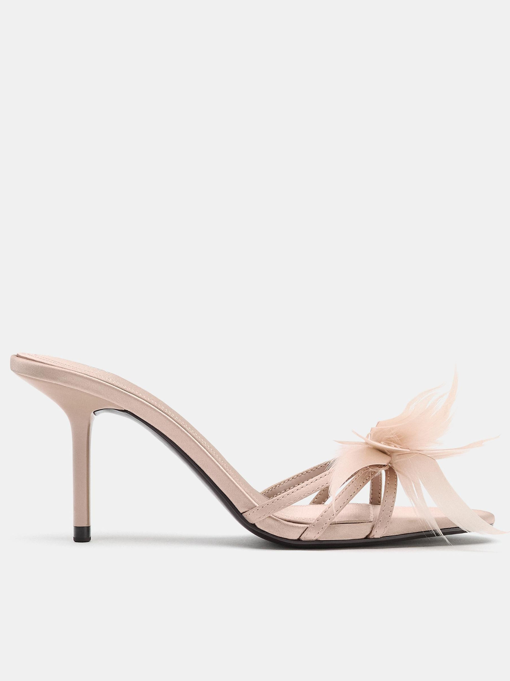 Feather Detail Heeled Sandals - Pastel Pink - 5