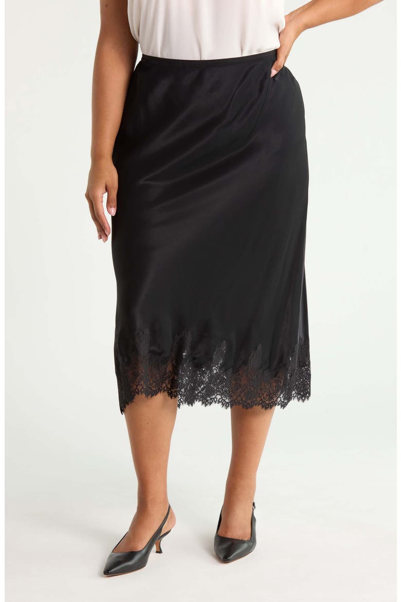 Lace Trim Satin Midi Skirt