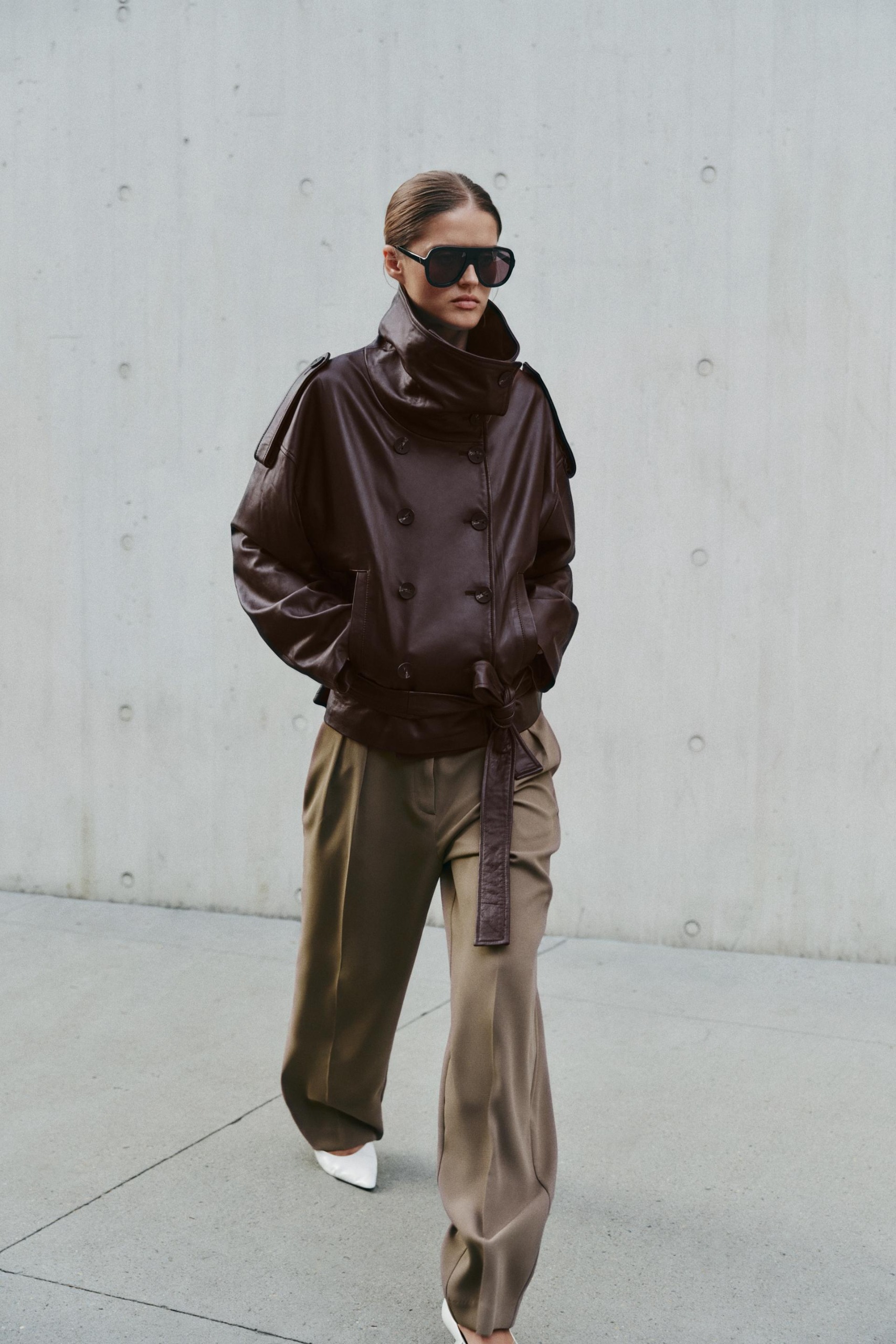 100% Leather Belted Jacket - Dark Aubergine - Xs