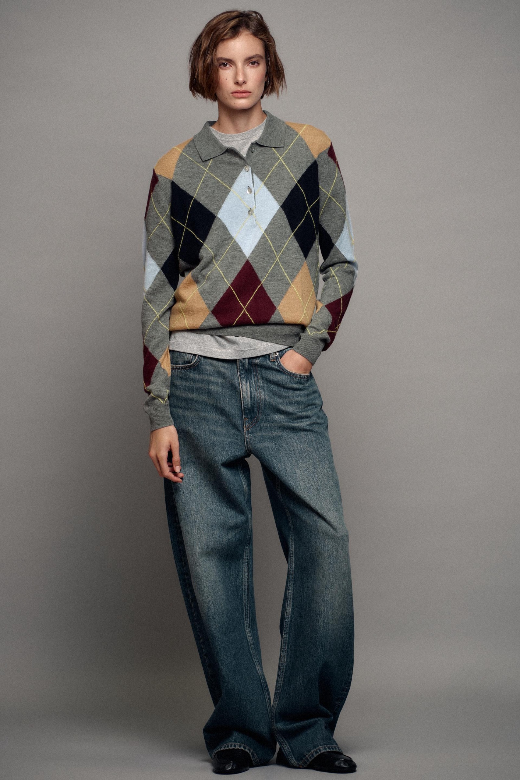 100% Wool Argyle Polo Jumper - Multicoloured - S