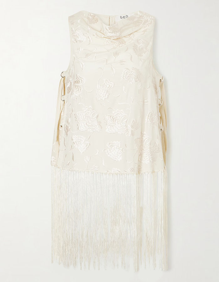 Priscilla Floral-Embroidered Fringed Crepe Vest