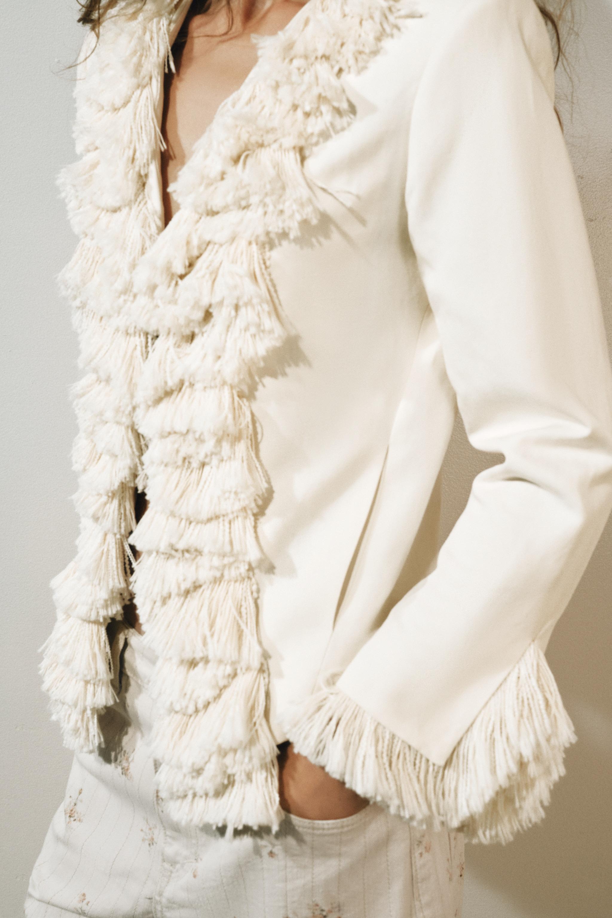 Linen Blend Fringe Jacket Zw Collection - Ecru - Xs