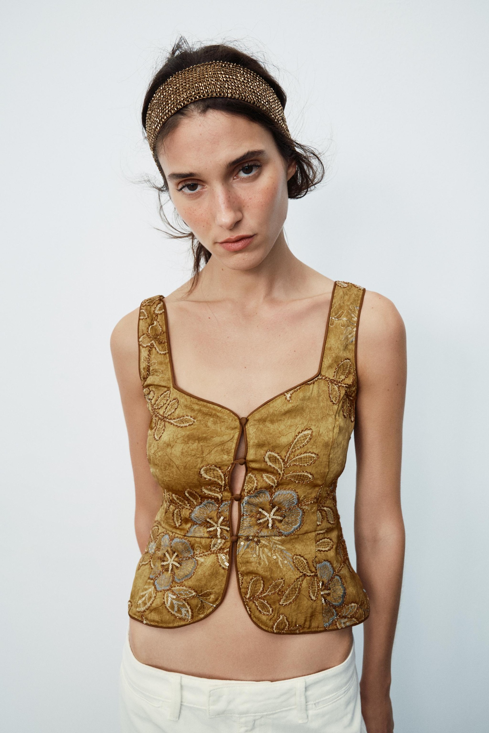 Beaded Embroidered Vest Top - Ocher - S