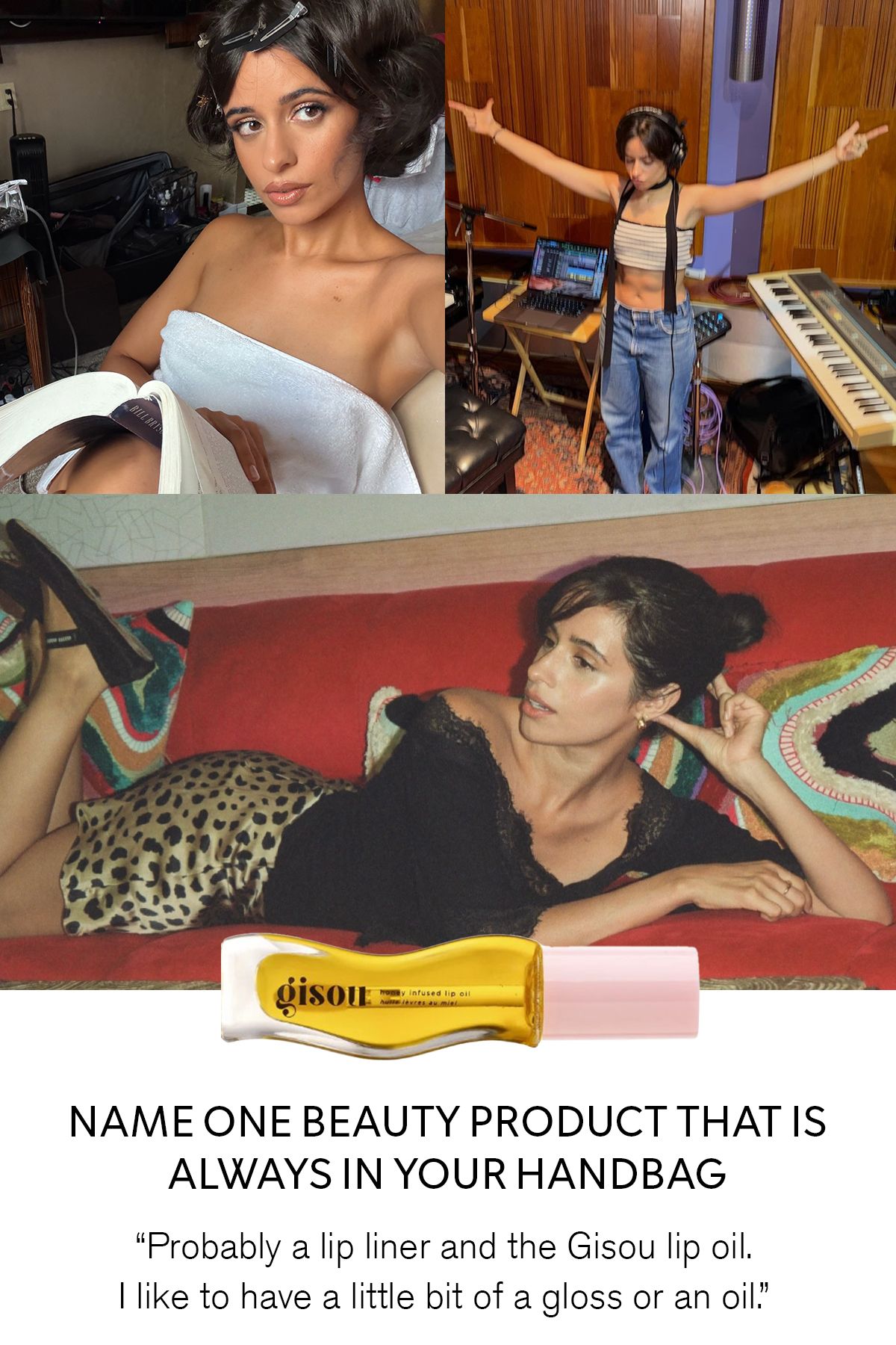 A collage of images of Camila Cabello next to a Gisou lip gloss, with a quote about the beauty product that is always in her handbag: 