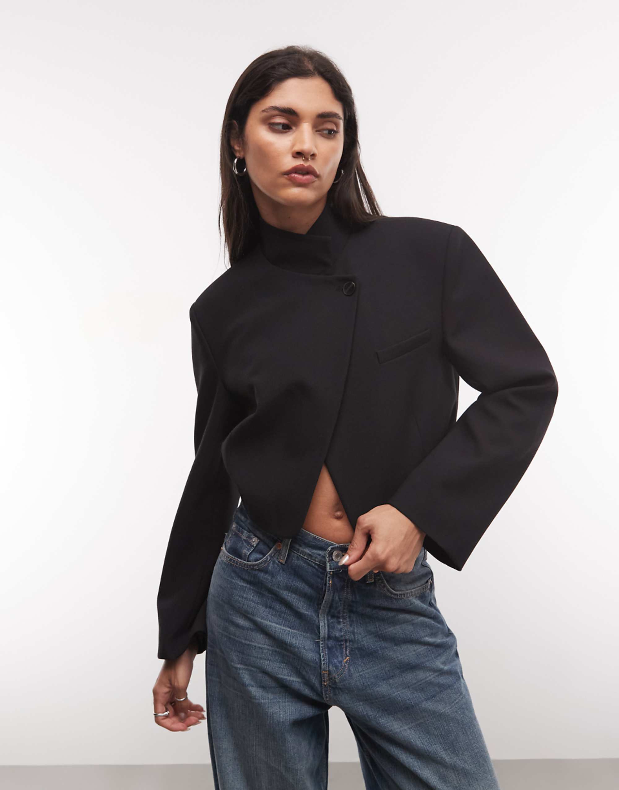 Asos Design Wrap Neck Crop Blazer Jacket in Black