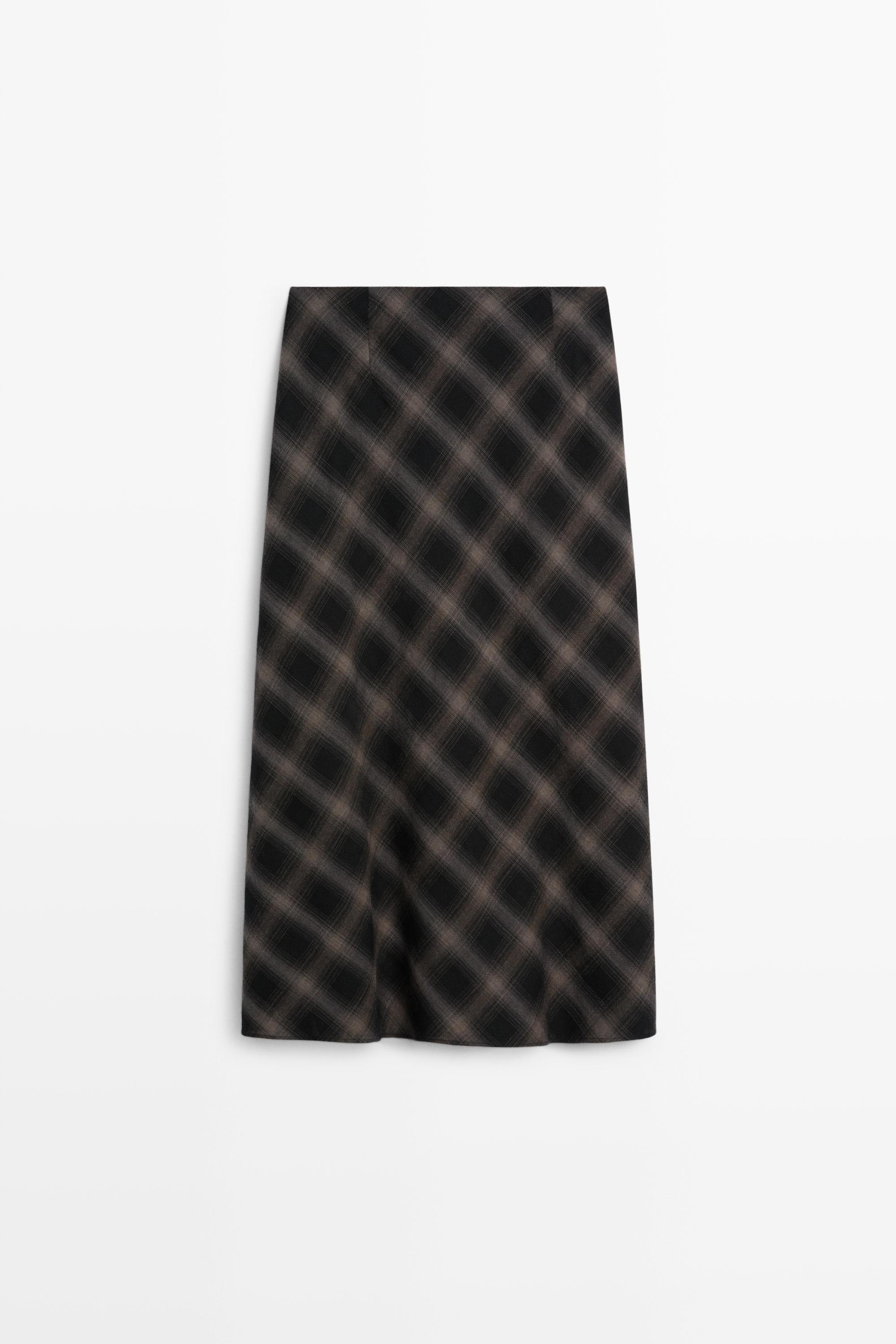 Wool-Cotton Blend Check Midi Skirt With Split