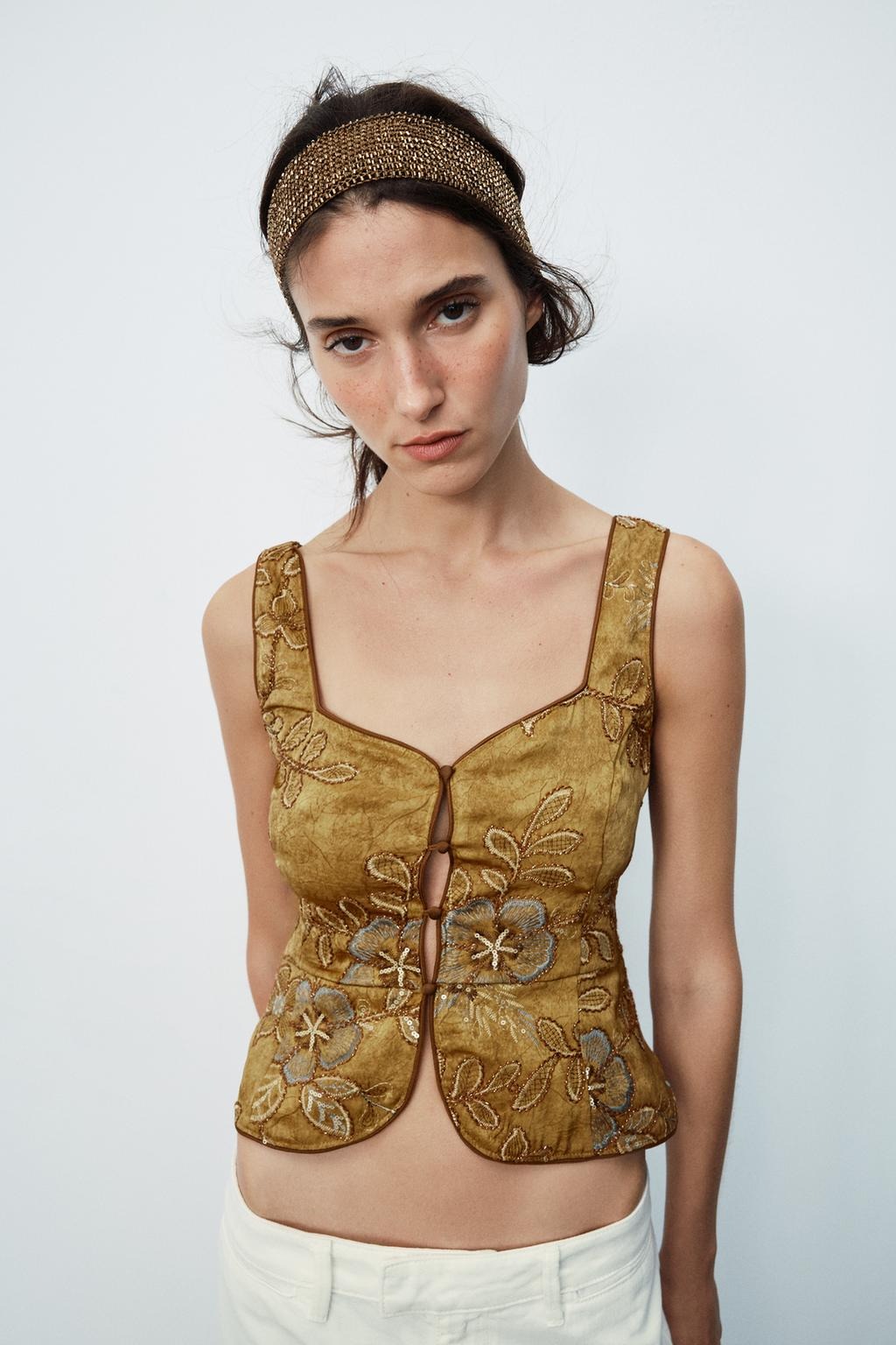 ZARA, Beaded Embroidered Vest Top - Ocher - S
