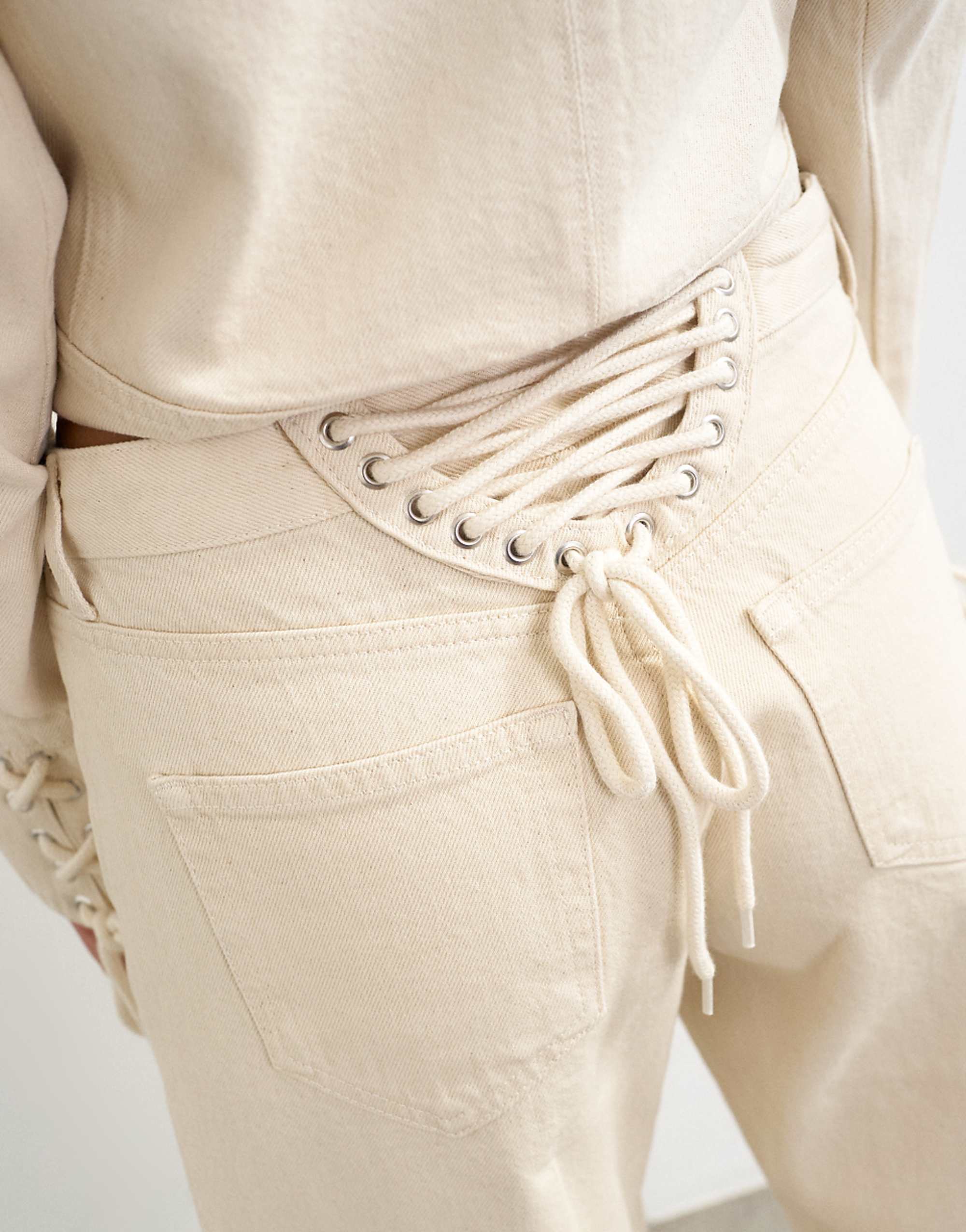 Topshop Ember Low Rise Relaxed Straight Leg Jean With Lace Up Detail in Oat