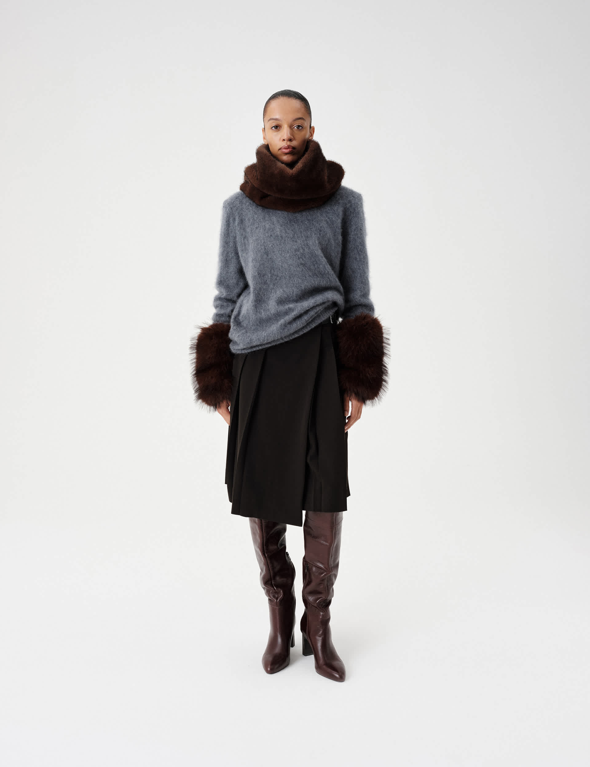 Wool Blend Pleated Midi Kilt Skirt