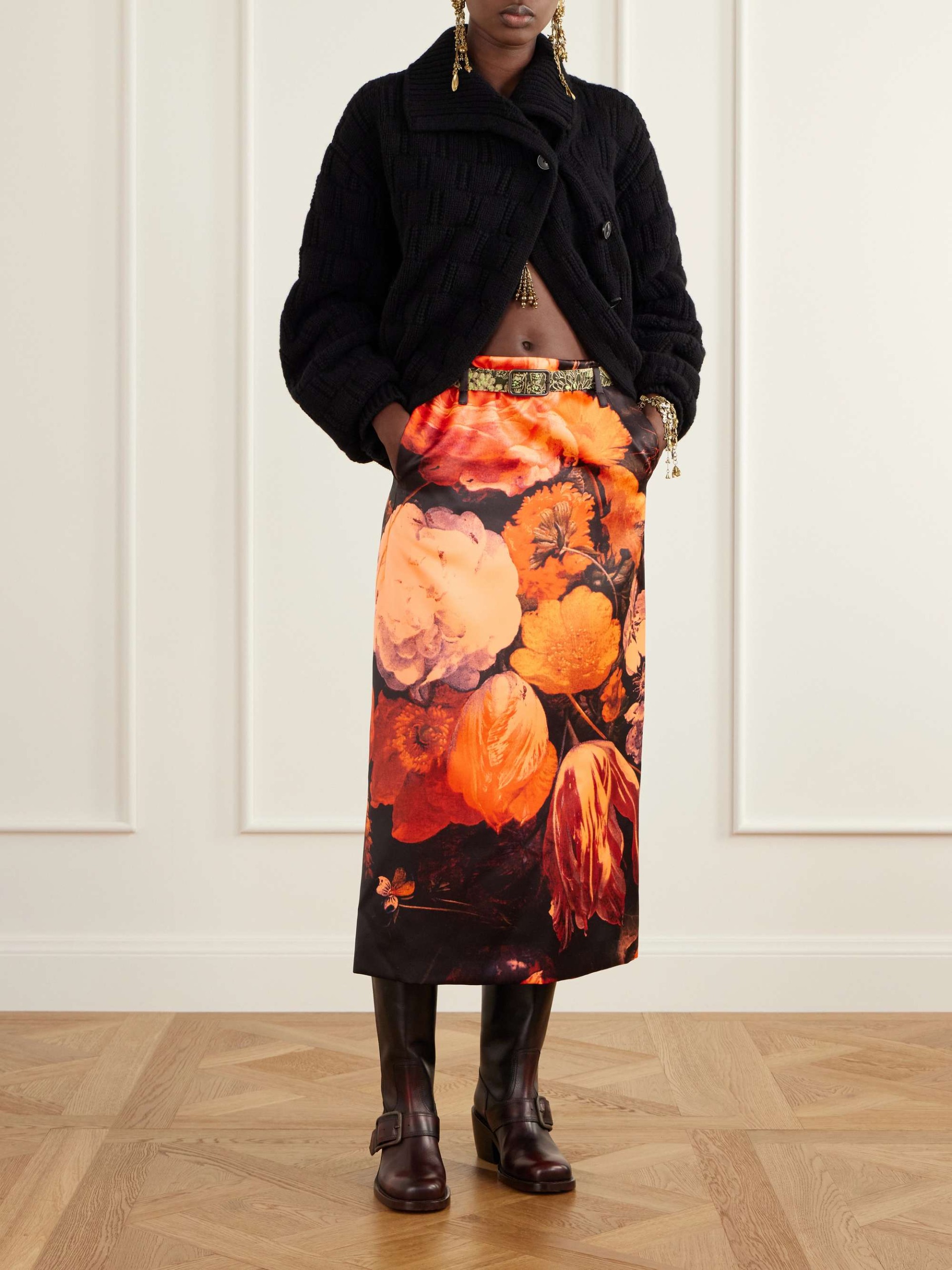 Floral-Print Duchesse-Satin Midi Skirt