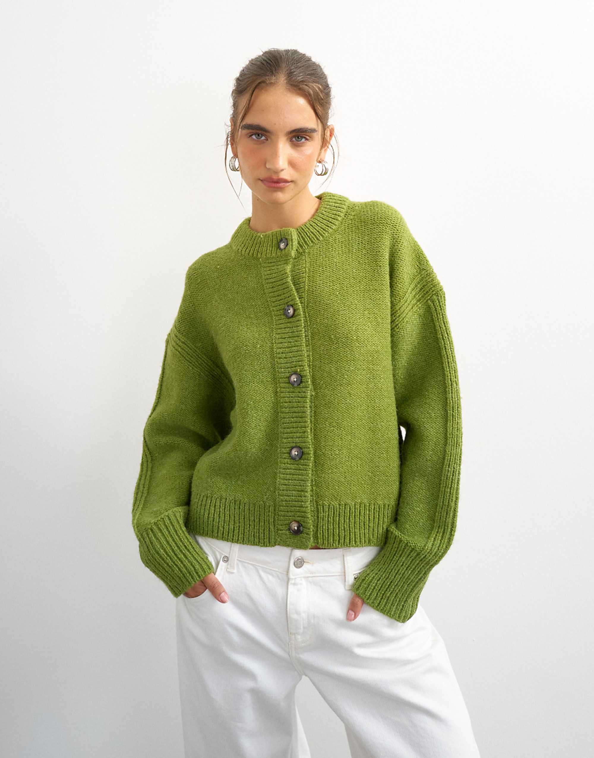 Topshop Knitted Boxy Deep Rib Cardigan in Green
