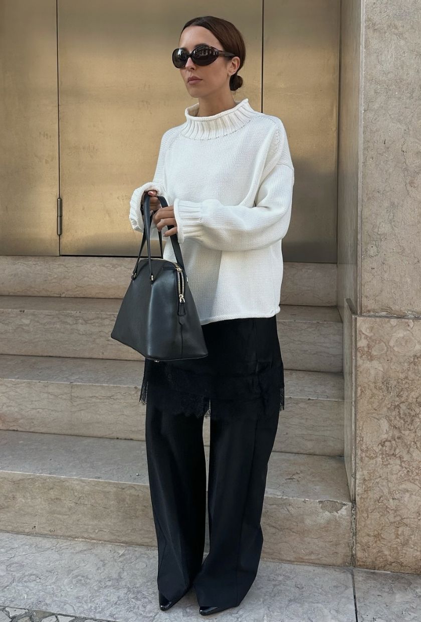 @deborabrosa wearing a white jumper, black satin lace-trim waist scarf, satin trousers, ankle boots, bowling bag and sunglasses