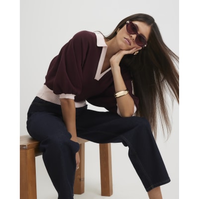 Red Blocked Knitted Slouch Polo Top