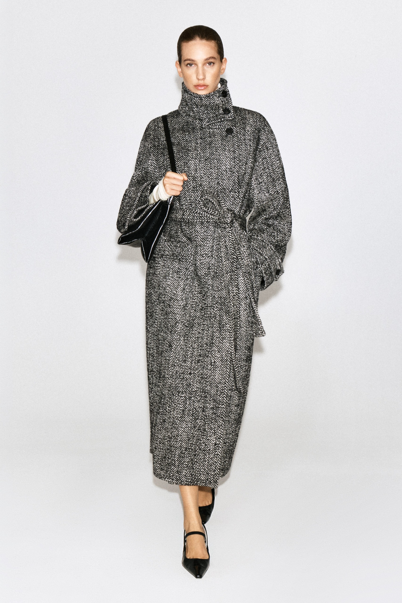 Belted Herringbone Wool Funnel-Neck Coat