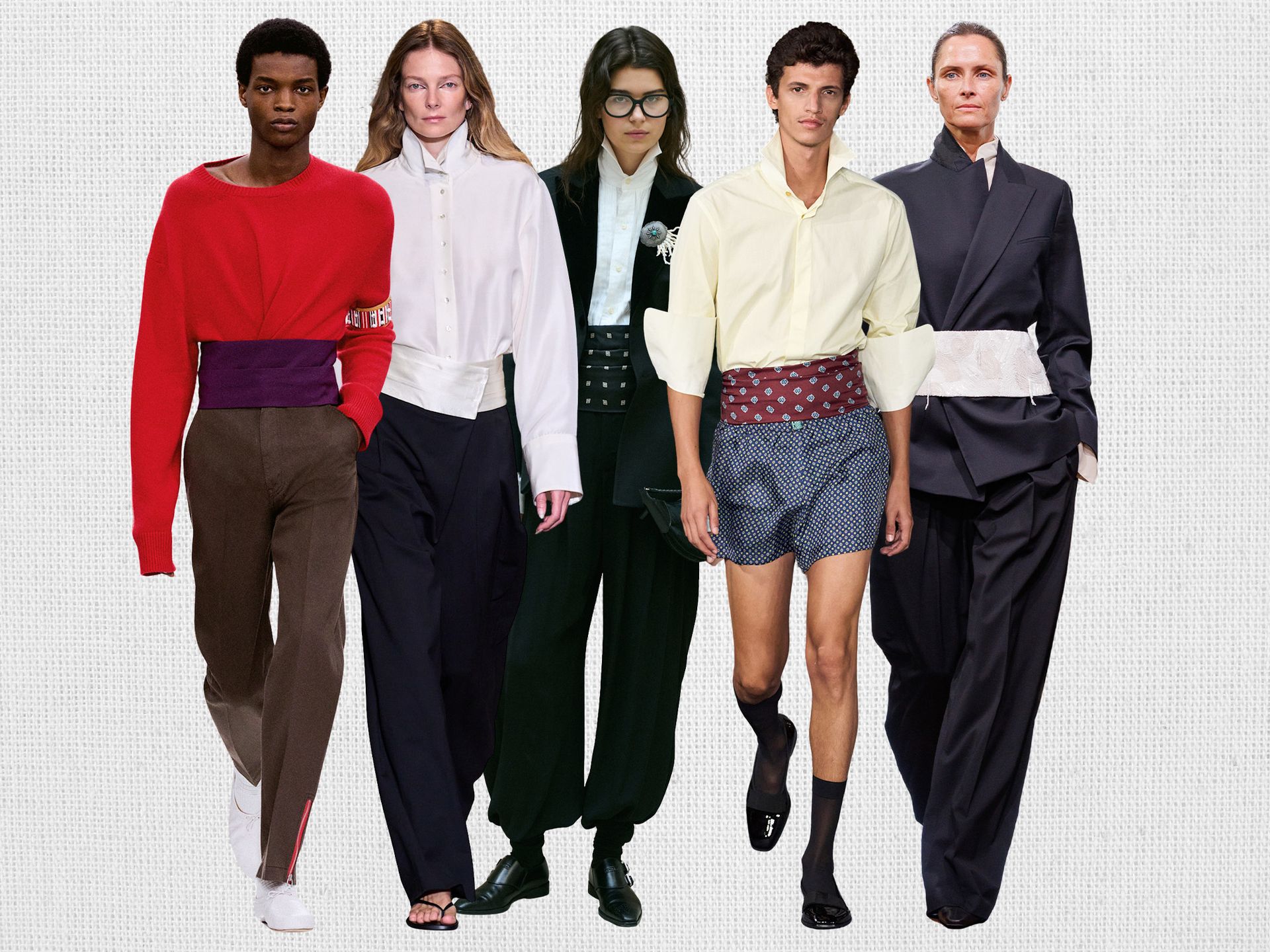 a collage of runway and editor outfit photos of Anna LaPlaca styling the cummerbund trend for fall 2026