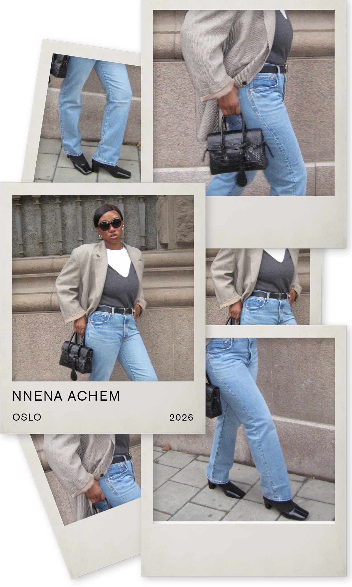 jeans outfits in stylish cities: nnenna achem wears a blazer, grey v-neck jumper, jeans and black ankle boots in Oslo