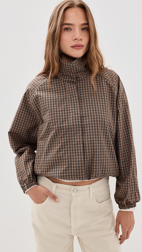 Funnel Neck Windbreaker Jacket - Brown Black Check