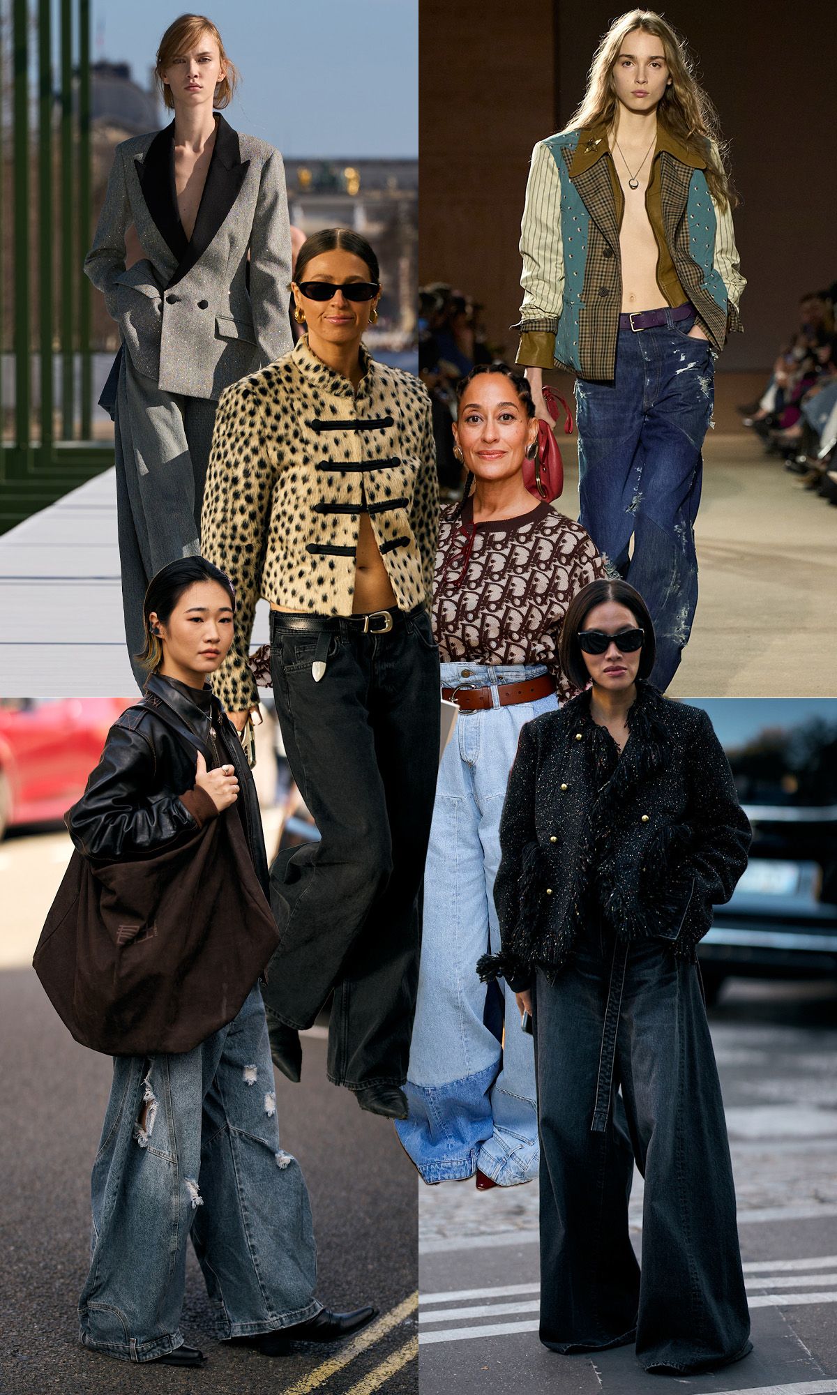 A selection of extreme baggy jeans on the autumn/winter 2026 runway, via street style and on celebrities