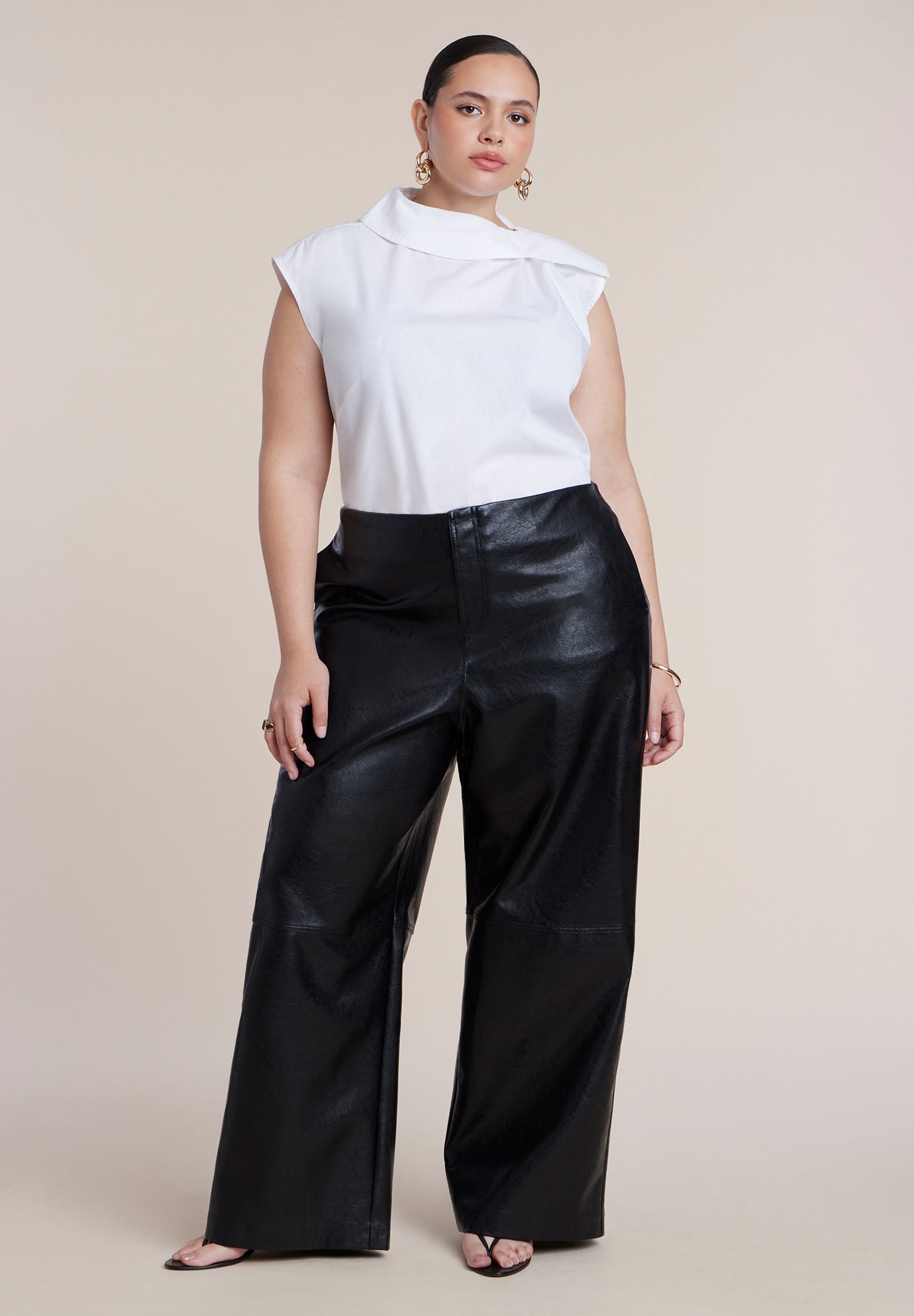 Adjustable Waist Faux Leather Wide-Leg Pant