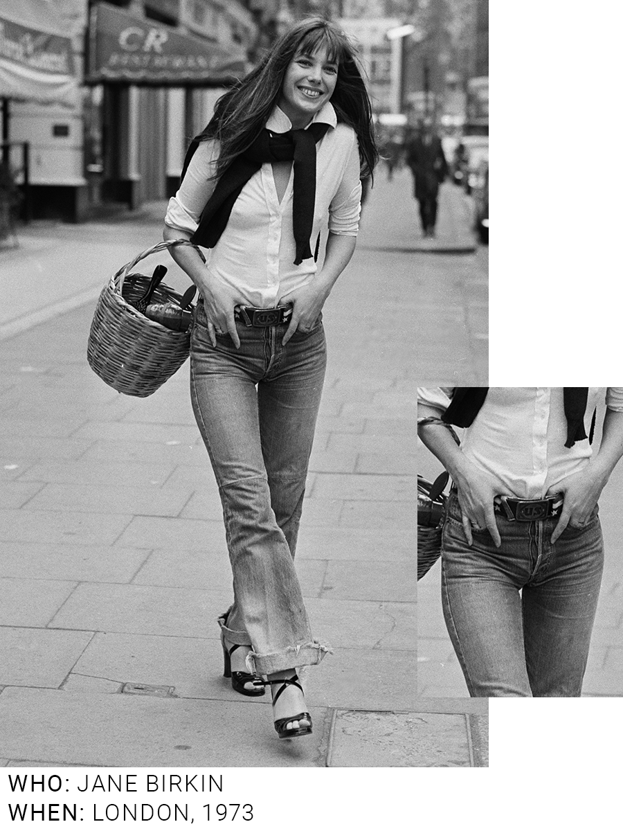 An image of Jane Birkin wearing an iconic denim outfit whilst out in London in 1973.