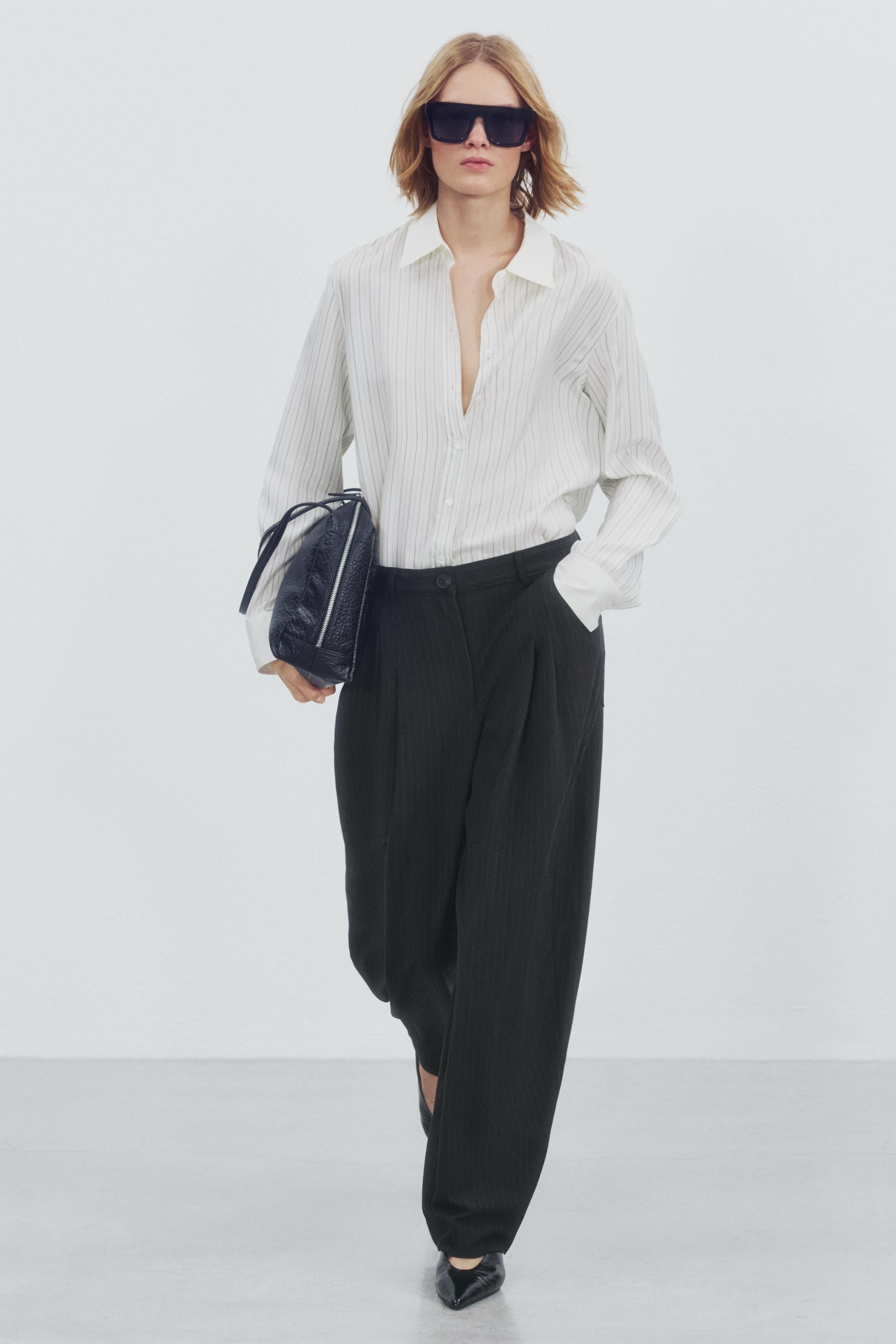 Zw Collection Pinstripe Barrel Trousers - Brown Stripes - Xs