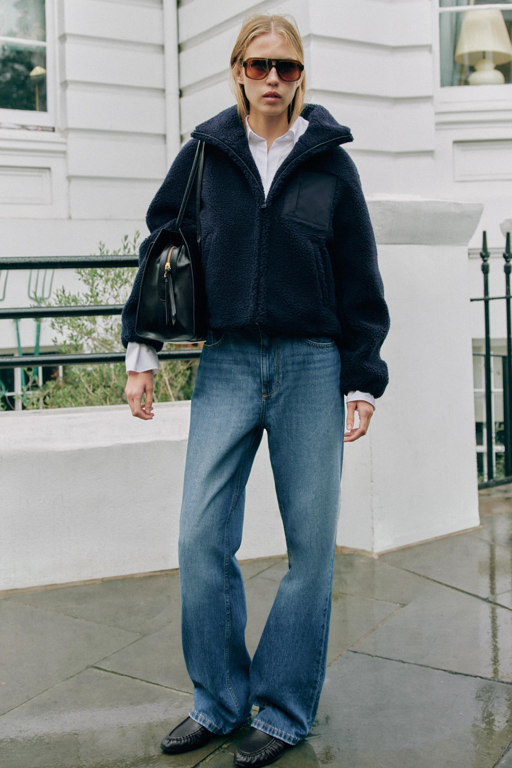 Faux Shearling Jacket With Contrast Pocket - Navy Blue - Xs