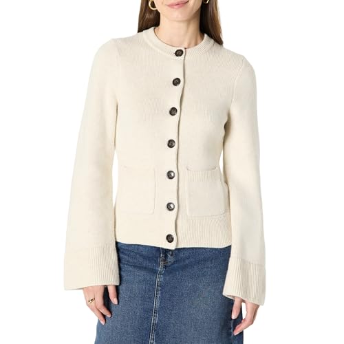 Amazon Essentials Women's Regular-Fit Long-Sleeve Cardigan With Bell Sleeves and Shaped Waist, Oatmeal Heather, Xl