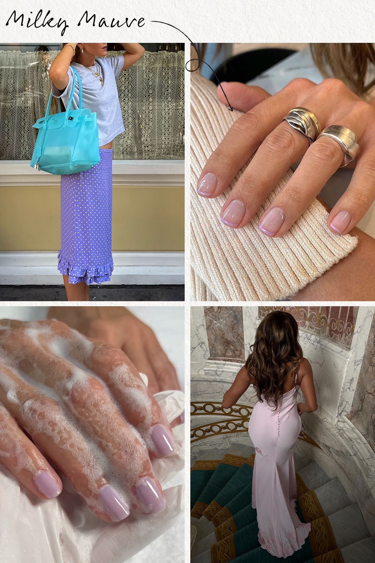 A collage of lilac nails and outfits