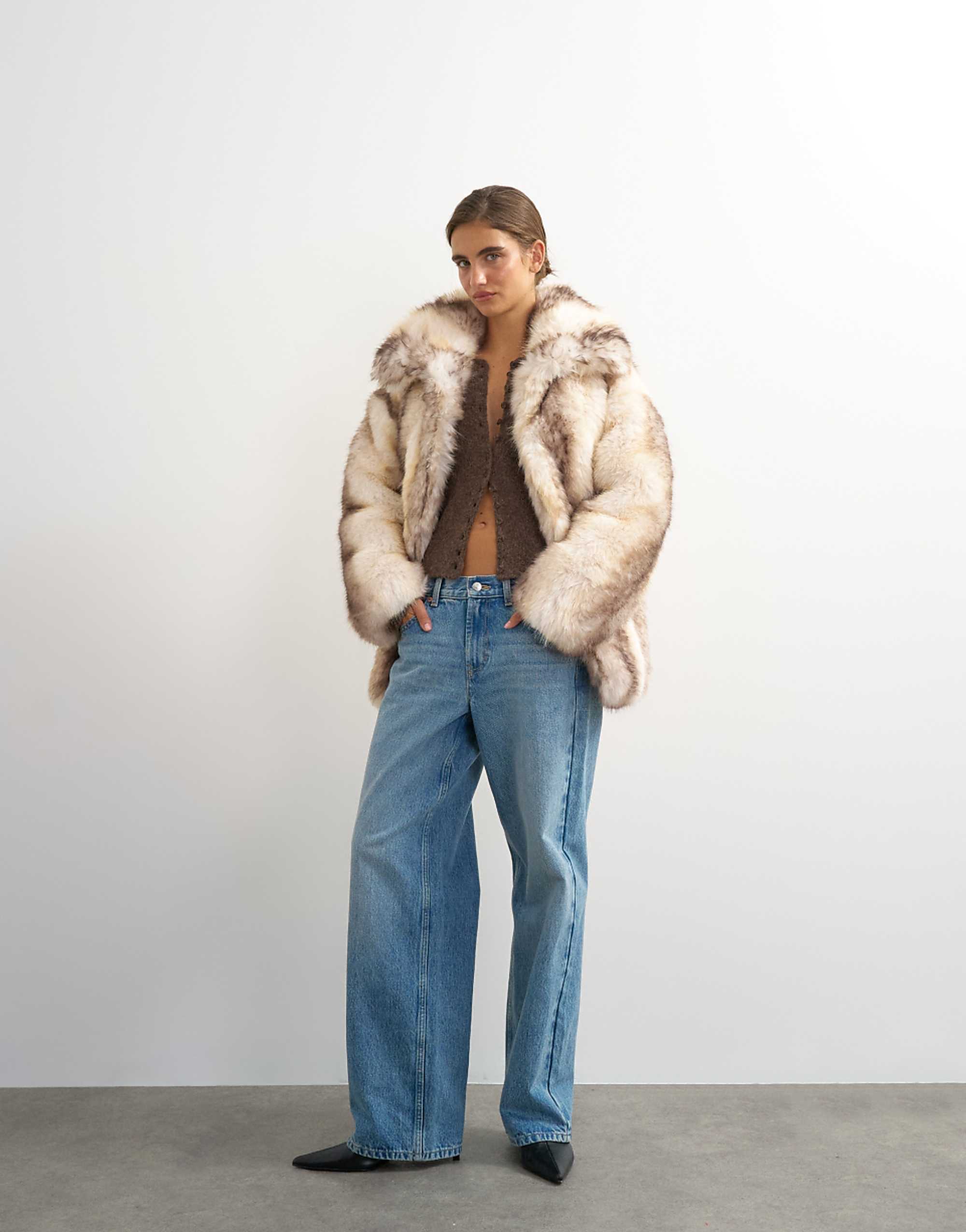 Topshop Faux Fur Mid Length Coat in White Striped Print