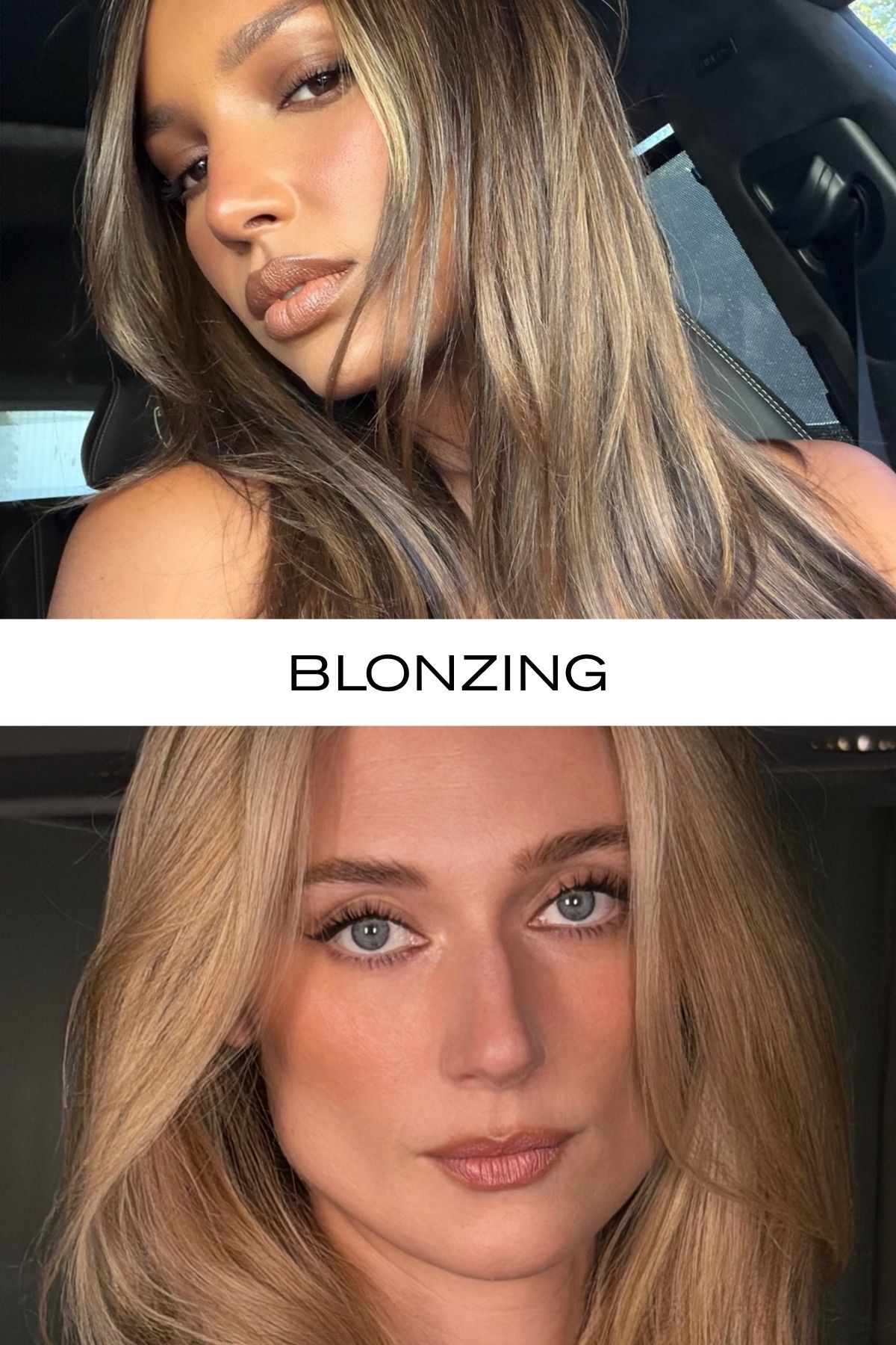 A picture of Elizabeth Debicki and Jasmine Tookes wearing bronzed makeup with the text