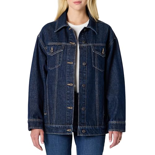 Amazon Essentials Women's Denim Trucker Jacket With Pockets, Dark Midnight Wash, M