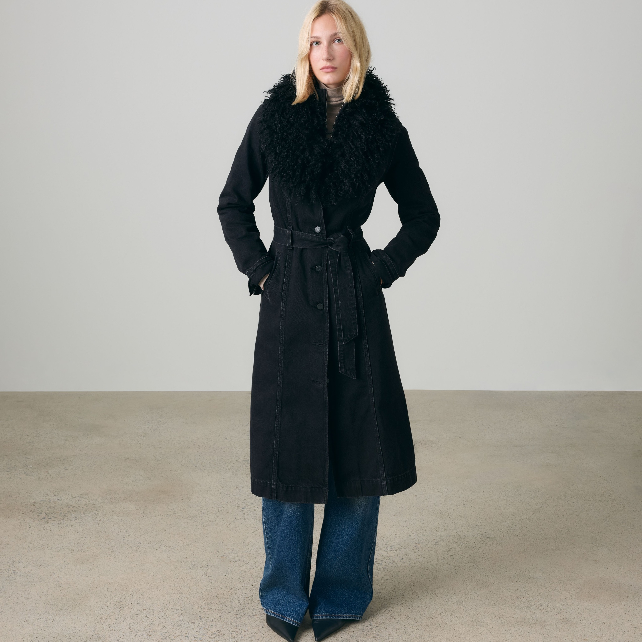 Sherpa Collar Belted Denim Coat