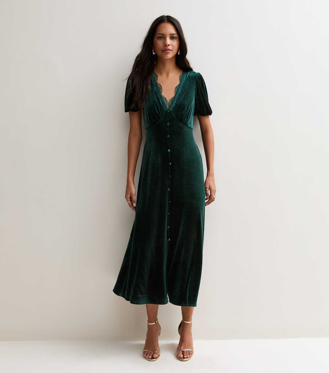 New Look, Dark Green Velvet Lace Trim Empire Line Midi Dress