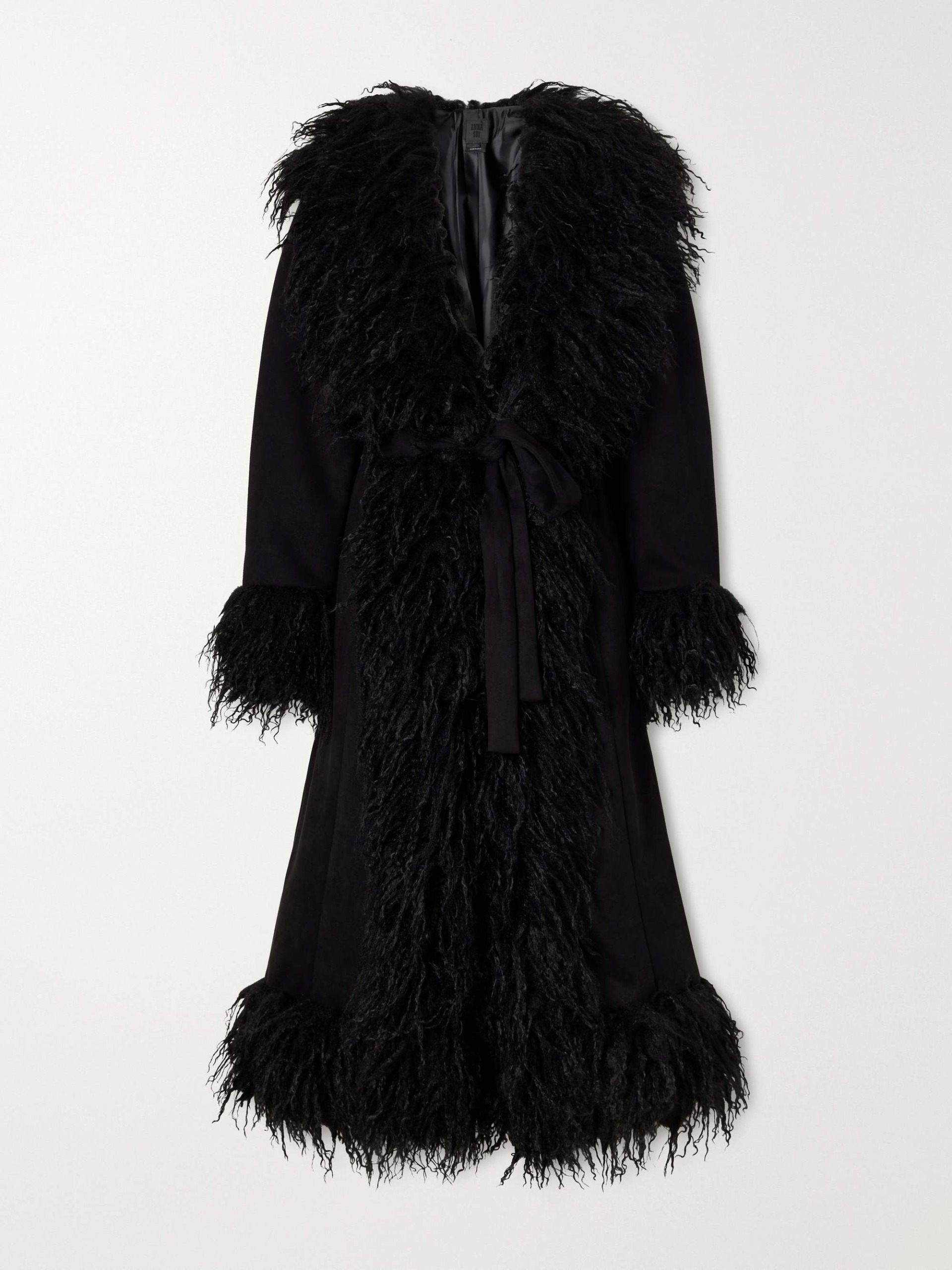 Belted Plush-Trimmed Woven Coat