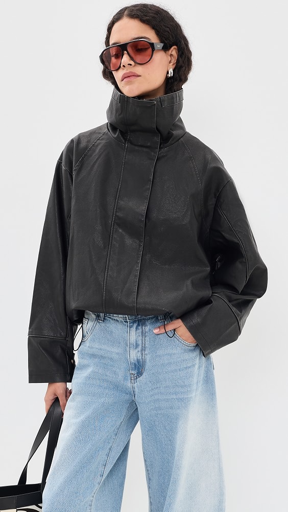 Shoreline Funnel Faux Leather Jacket - Noir