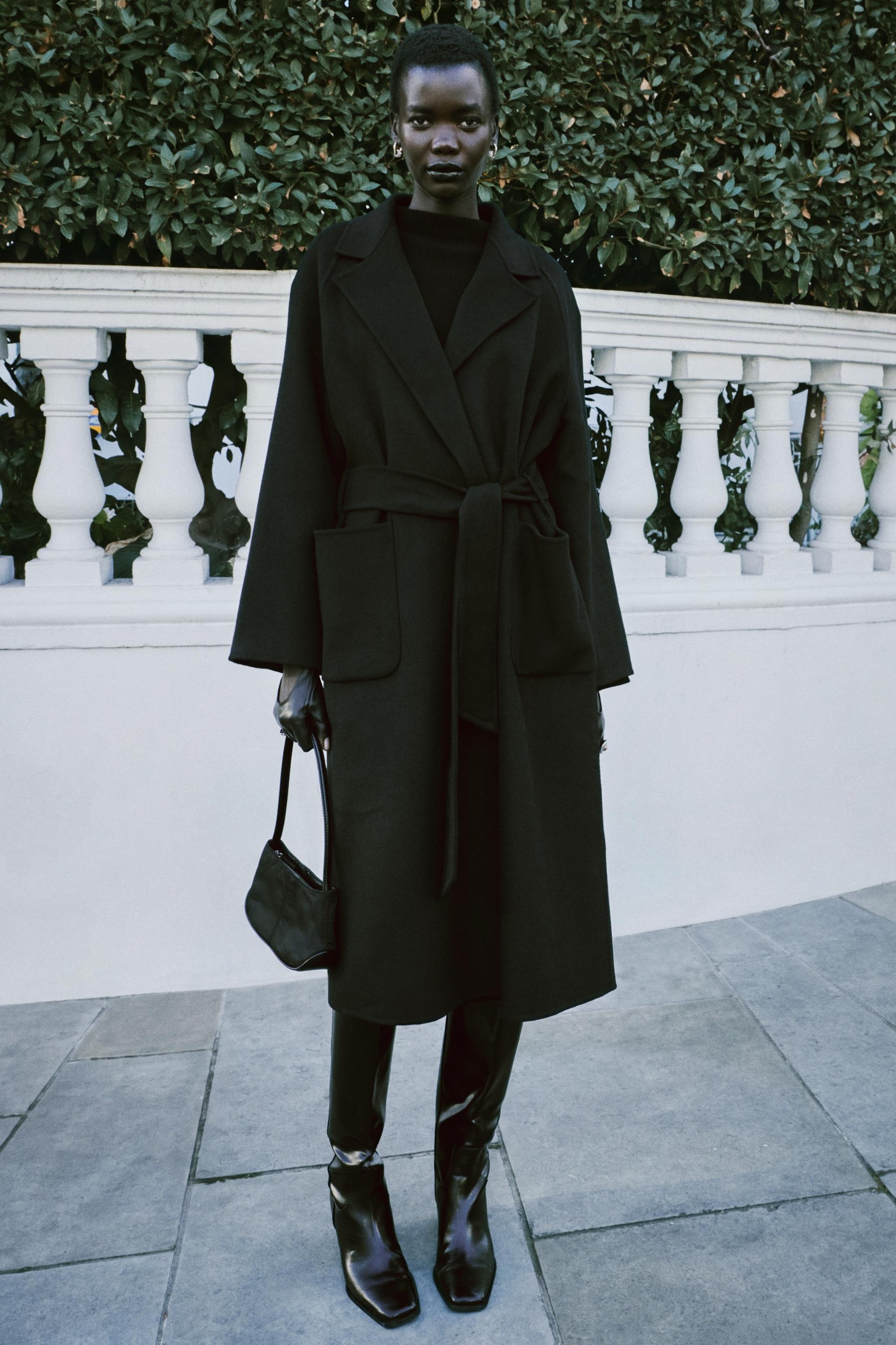 Wool Blend Belted Coat - Black - Xs