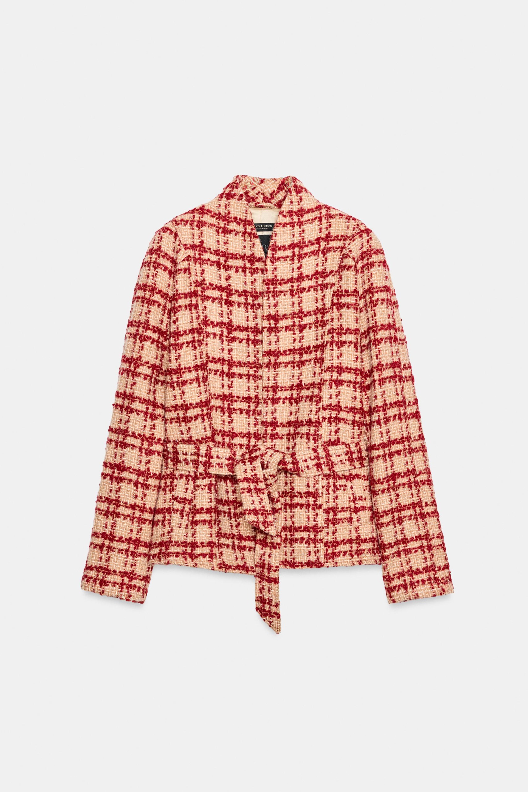 Zw Collection Belted Wool Jacket - Red / White - Xs