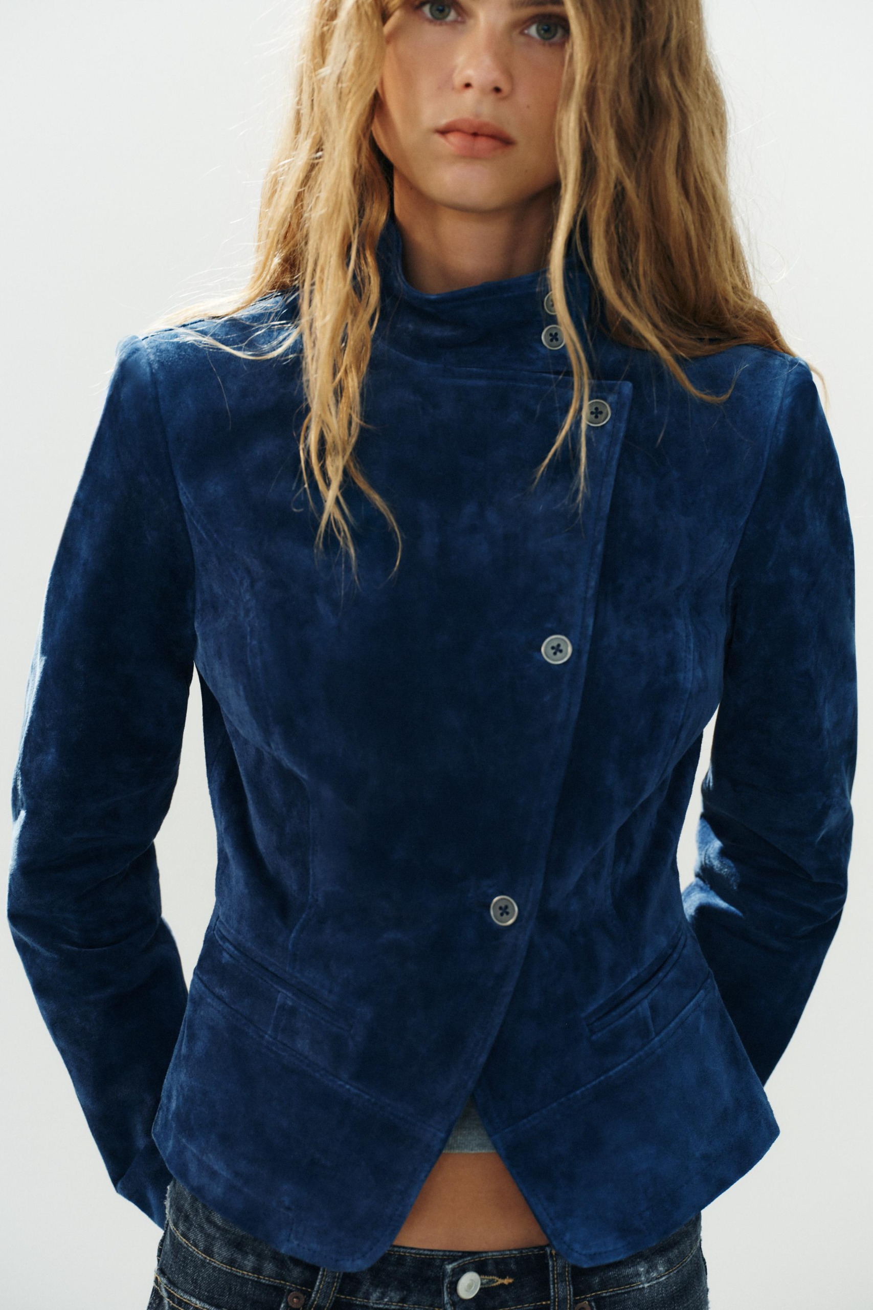 100% Suede Double-Breasted Jacket - Indigo - Xs