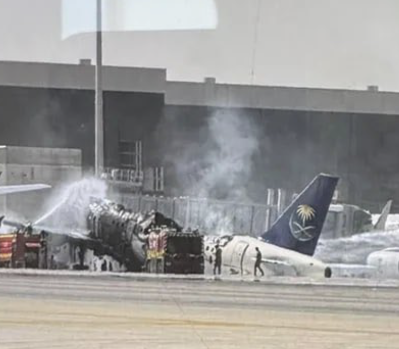 An unverified image of a destroyed Saudia aircraft at King Khalid International Airport in Riyadh, Saudi Arabia, October 8, 2026