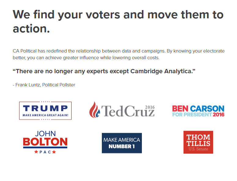 A screenshot from Cambridge Analytica's now-defunct website