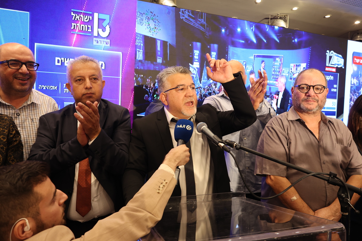 Yousef Jabareen of the Joint List party celebrates early exit poll results in Nazareth, Israel, October 27, 2026