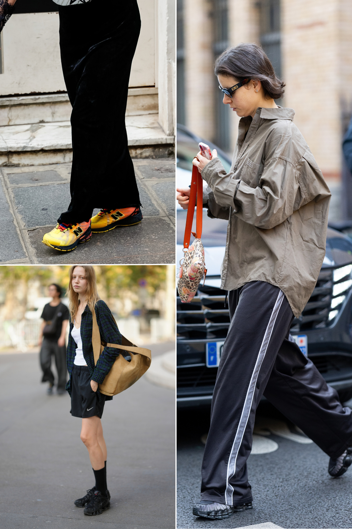 Paris fashion week street style trainer trends September 2026: back to the streets. Three fashion people wear street style trainers. Styled with athletic trainers, sport short and a maxi skirt.