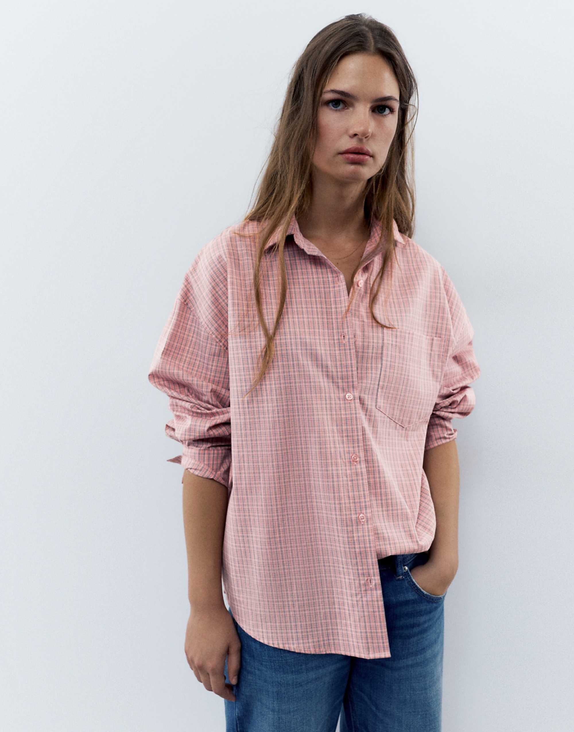 Pull&bear Check Shirt With Pocket in Pink